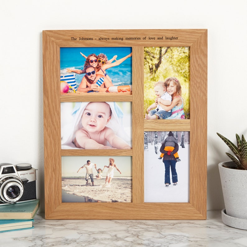 Personalized Solid Oak Multi Photo Frame: 5-Aperture Collage