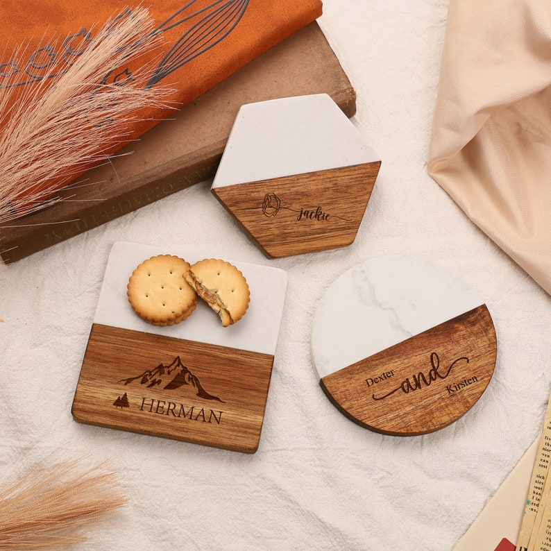 Custom Marble Wooden Coaster, Wedding Favors Bulk Engraved Coasters, Personalized Gift for Housewarming, Anniversary, Gifts for Newlyweds