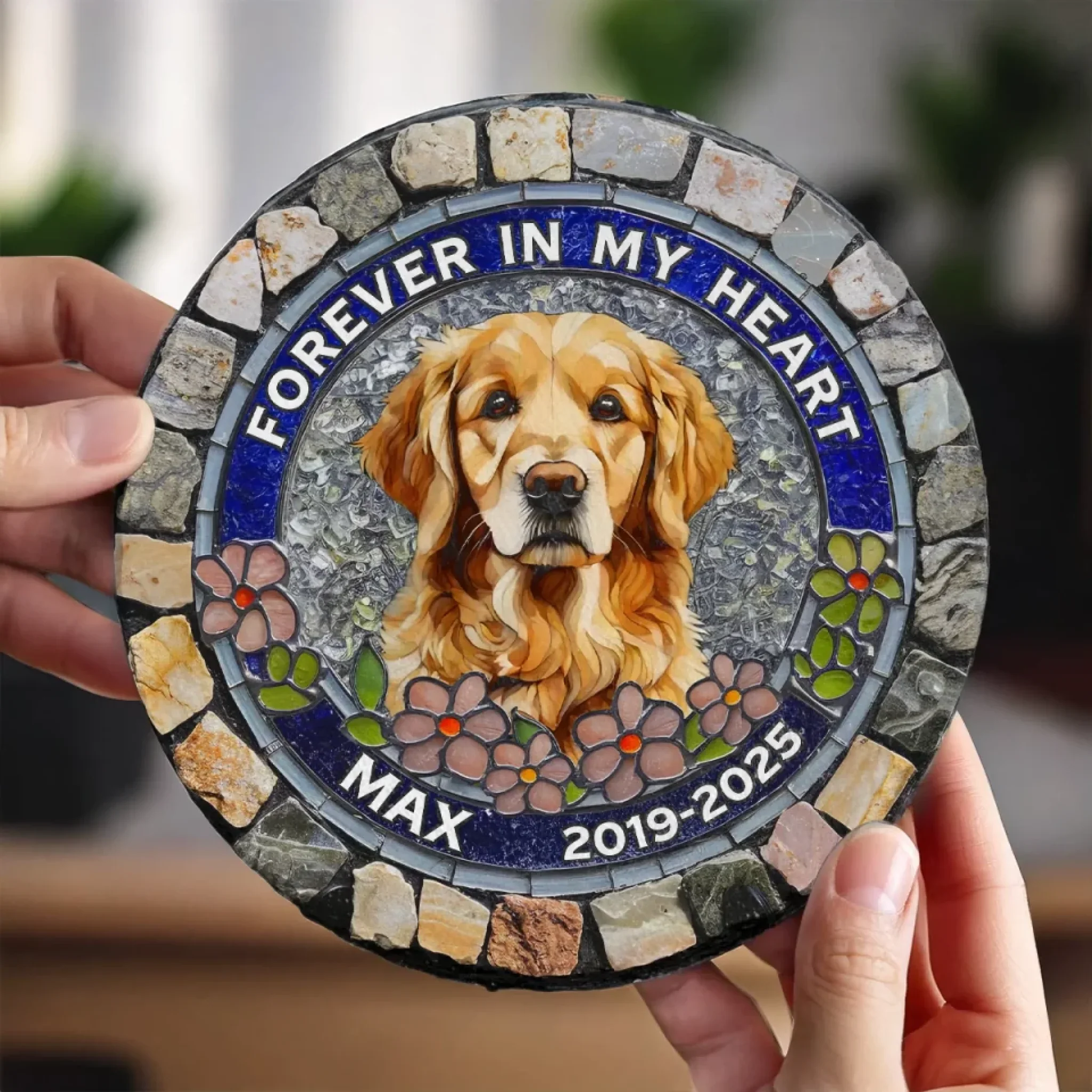 Custom Photo Forever Loved, Never Forgotten - Memorial Personalized Custom 3D Mosaic Faux Stained Glass Print Round Shaped Memorial Stone - Sympathy Gift For Pet Owners, Pet Lovers