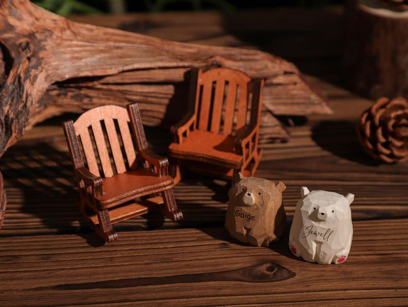 Custom Name Wooden Bears Sculpture, Handmade Wooden Animal Figurine, Home Decor, Wood Pet Figurine, Birthday Gift, Handmade Wooden Gift