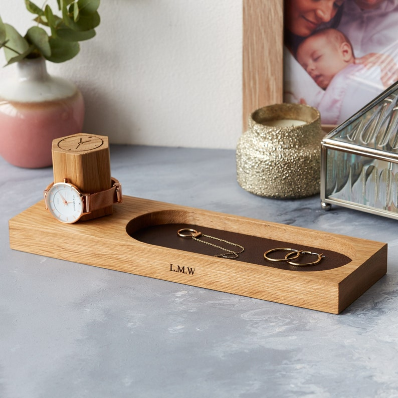 Personalized Oak Watch Stand and Glasses Tray: Leather Valet Tray