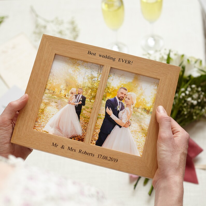 Oak Double Aperture 6"x4" or 7"x5" Personalised Photo Frame / Wedding Photo Frame / Gifts for Couples Frame / Split Photo Frame
