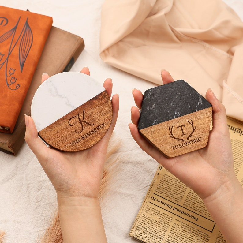 Custom Marble Wooden Coaster, Wedding Favors Bulk Engraved Coasters, Personalized Gift for Housewarming, Anniversary, Gifts for Newlyweds