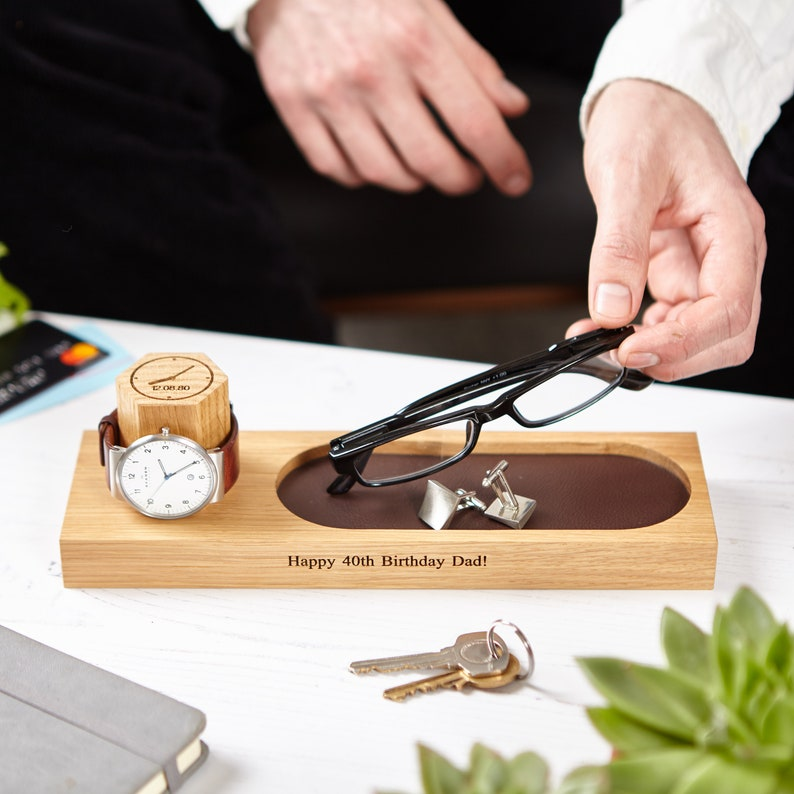 Personalized Oak Watch Stand and Glasses Tray: Leather Valet Tray