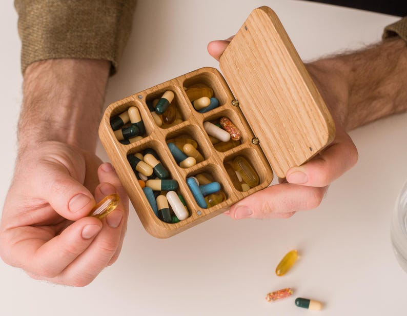 Wooden Daily Pill Box 7 Day Pill Organizer, Custom Pill Container With Medication Tracker, Weekly Pill Case, Mini Trinket Box