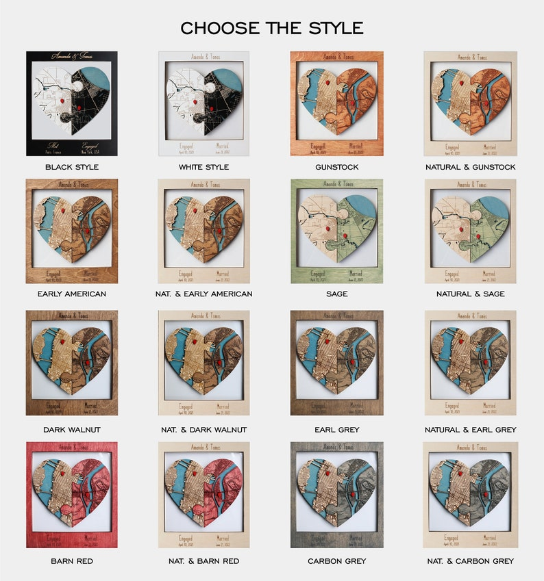 Newly Wed Gifts, Two Locations Heart Puzzle Map Wooden Framed Wall Art, Personalized Wedding Gifts for Couple, 5th Anniversary Gift for Wife