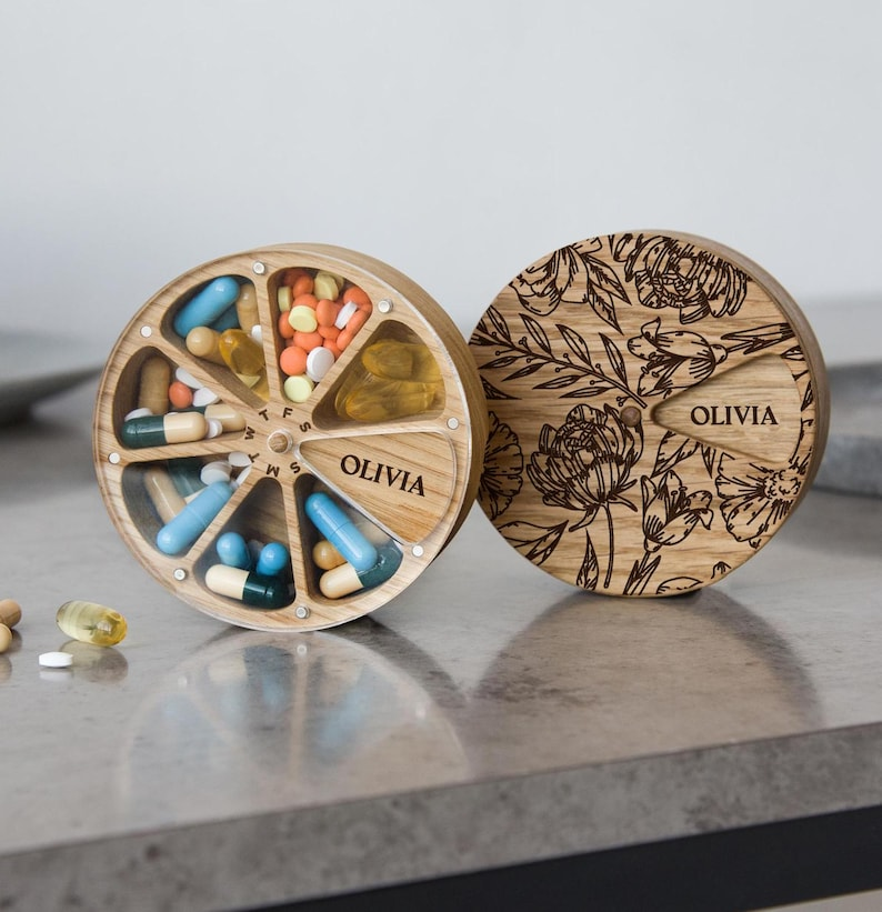 7-Day Wooden Pill Box, Weekly Pill Case, Cute Pill Organizer for Purse, Daily Vitamin Organizer & Birth Control Case, Pocket Pill Container