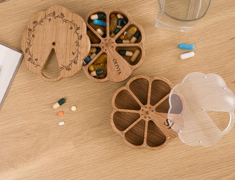 Wooden Pill Case 7 Day, Daily Pill Organizer, Pill Container, Weekly Pill Box, Vitamin Organizer