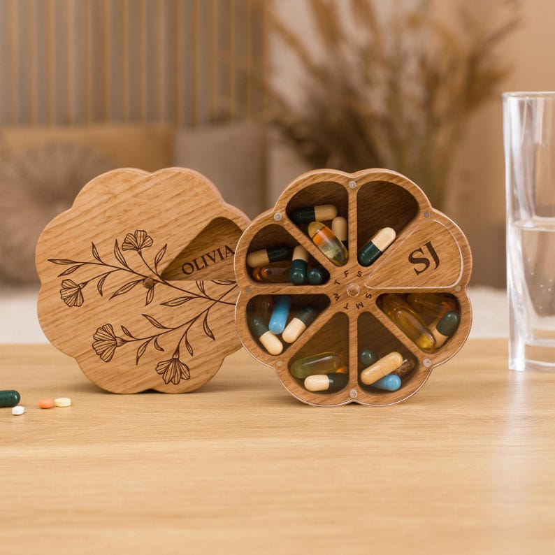 Wooden Pill Case 7 Day, Daily Pill Organizer, Pill Container, Weekly Pill Box, Vitamin Organizer