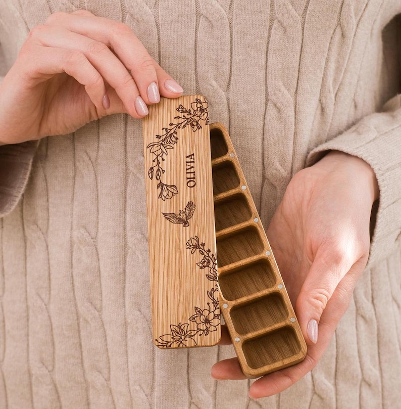 7 Day Pill Box For Purse With Custom Name, Wooden Pill And Vitamin Organizer, Birth Control Case, Small Pill Container And Trinket Box Gift