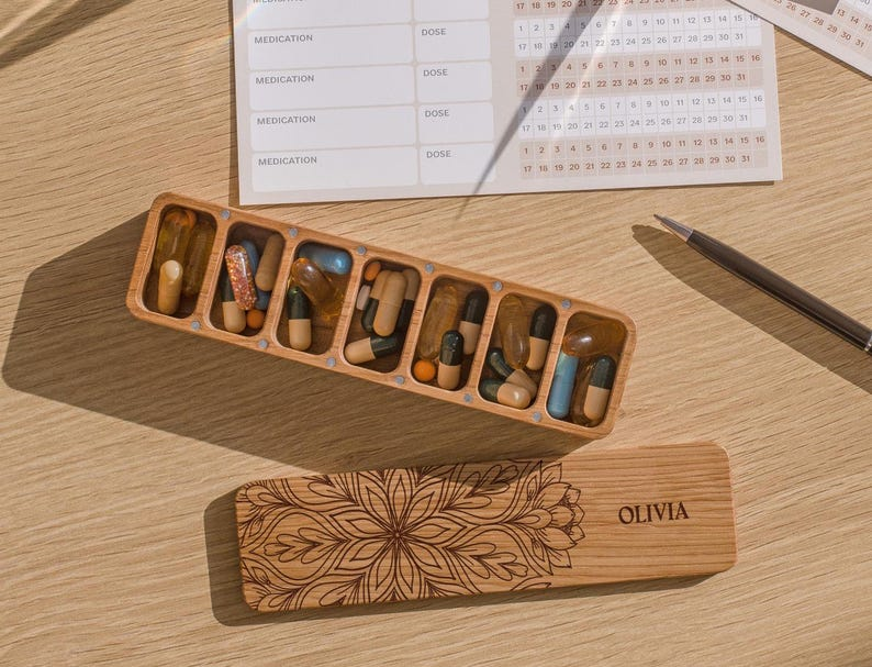 7-Day Pill Box, Wooden Pill Organizer for Purse, Small Pill Container, Birth Control Case, Pocket Organizer, Small Trinket Box