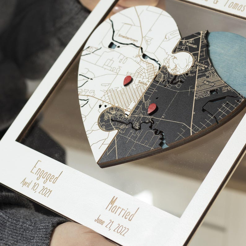 Newly Wed Gifts, Two Locations Heart Puzzle Map Wooden Framed Wall Art, Personalized Wedding Gifts for Couple, 5th Anniversary Gift for Wife