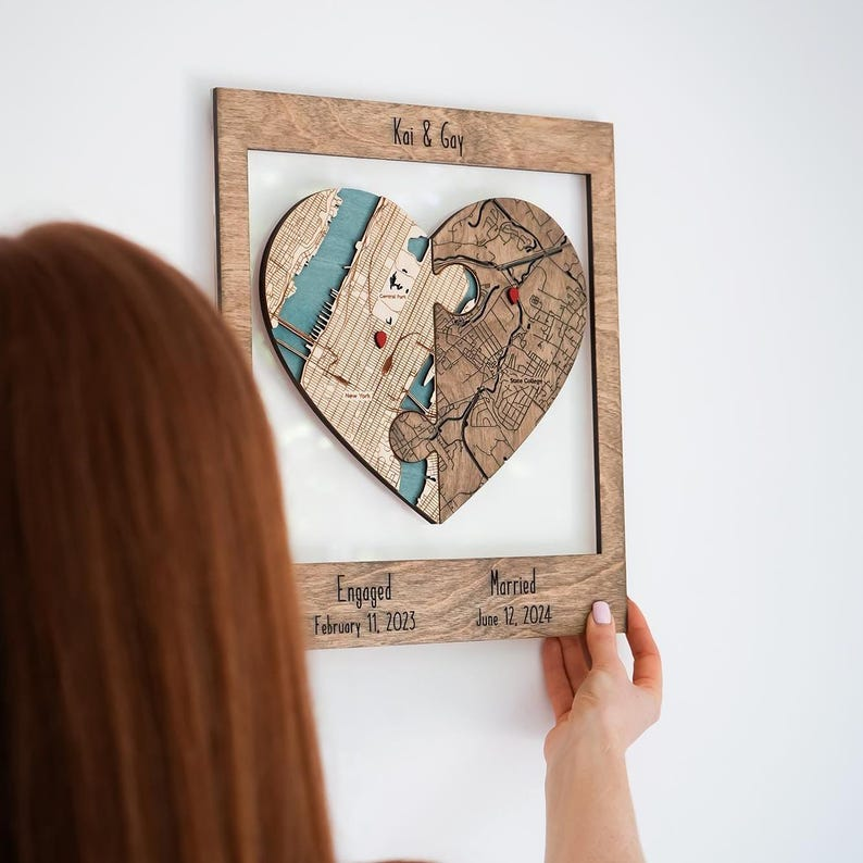 Newly Wed Gifts, Two Locations Heart Puzzle Map Wooden Framed Wall Art, Personalized Wedding Gifts for Couple, 5th Anniversary Gift for Wife