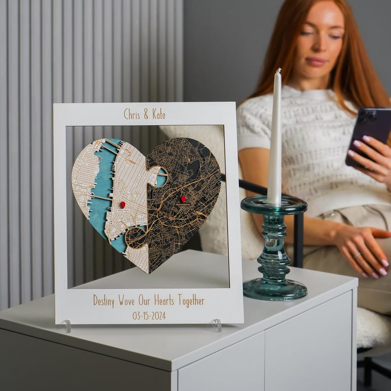 Newly Wed Gifts, Two Locations Heart Puzzle Map Wooden Framed Wall Art, Personalized Wedding Gifts for Couple, 5th Anniversary Gift for Wife