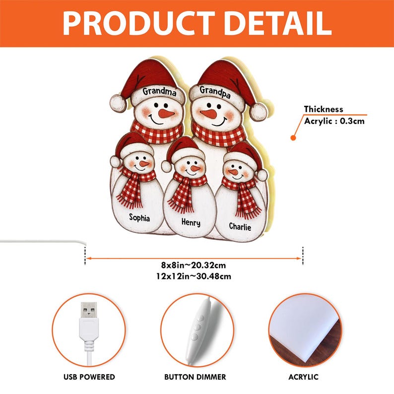 Personalized Christmas Grandma Grandpa & Grandkids Snowman Light Box, Custom Christmas Decor For Grandparents, Mom, Dad, Xmas Family Gifts