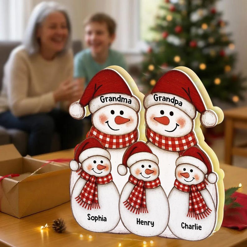 Personalized Christmas Grandma Grandpa & Grandkids Snowman Light Box, Custom Christmas Decor For Grandparents, Mom, Dad, Xmas Family Gifts