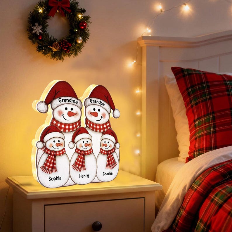 Personalized Christmas Grandma Grandpa & Grandkids Snowman Light Box, Custom Christmas Decor For Grandparents, Mom, Dad, Xmas Family Gifts