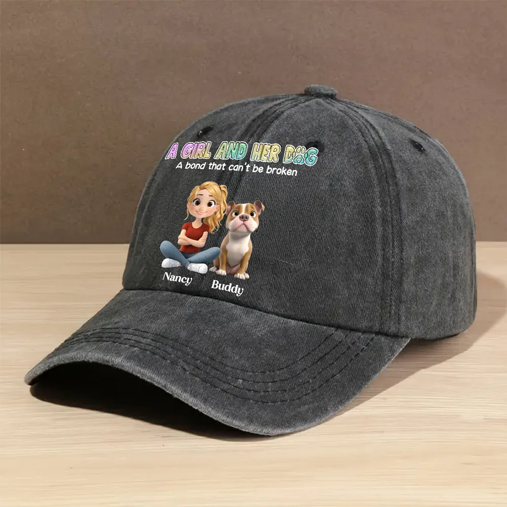 A Girl And Her Dog - Personalized Custom Vintage Washed Denim Cap