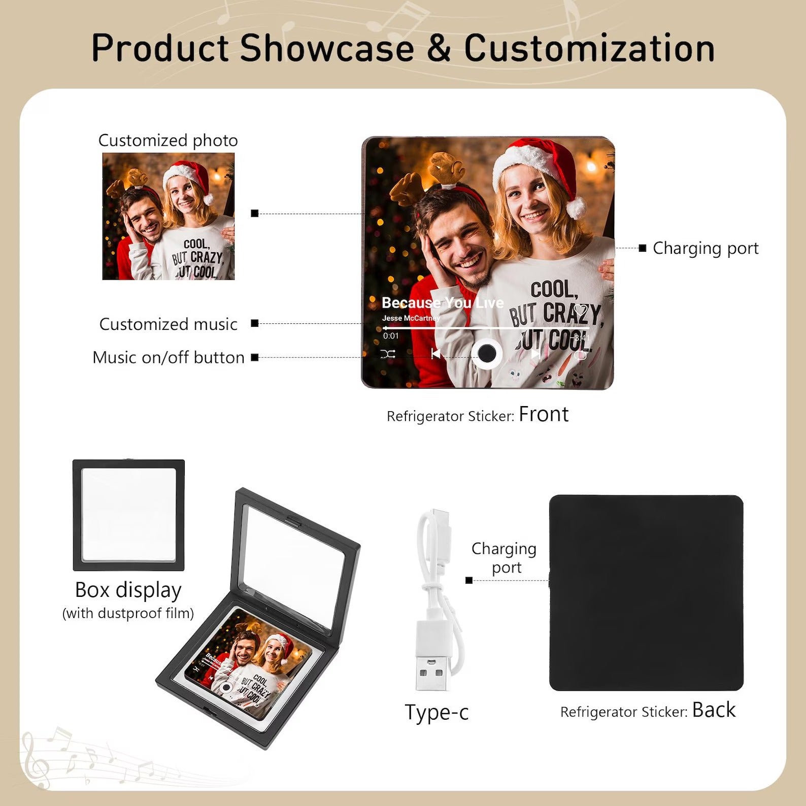 Custom Music Fridge Magnet, Personalized Photo & Music Fridge Magnet, Play Whole Song Music Box, Voicemail Keepsake Anniversary Gift for Him