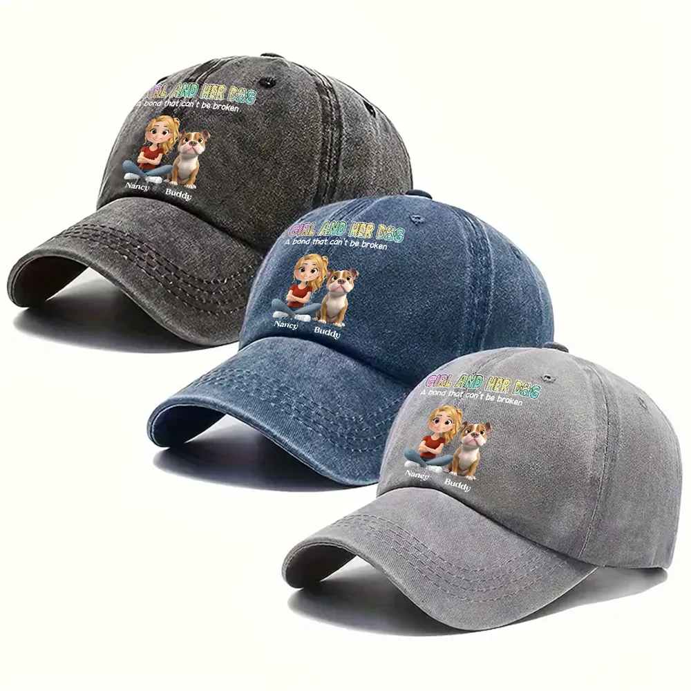 A Girl And Her Dog - Personalized Custom Vintage Washed Denim Cap