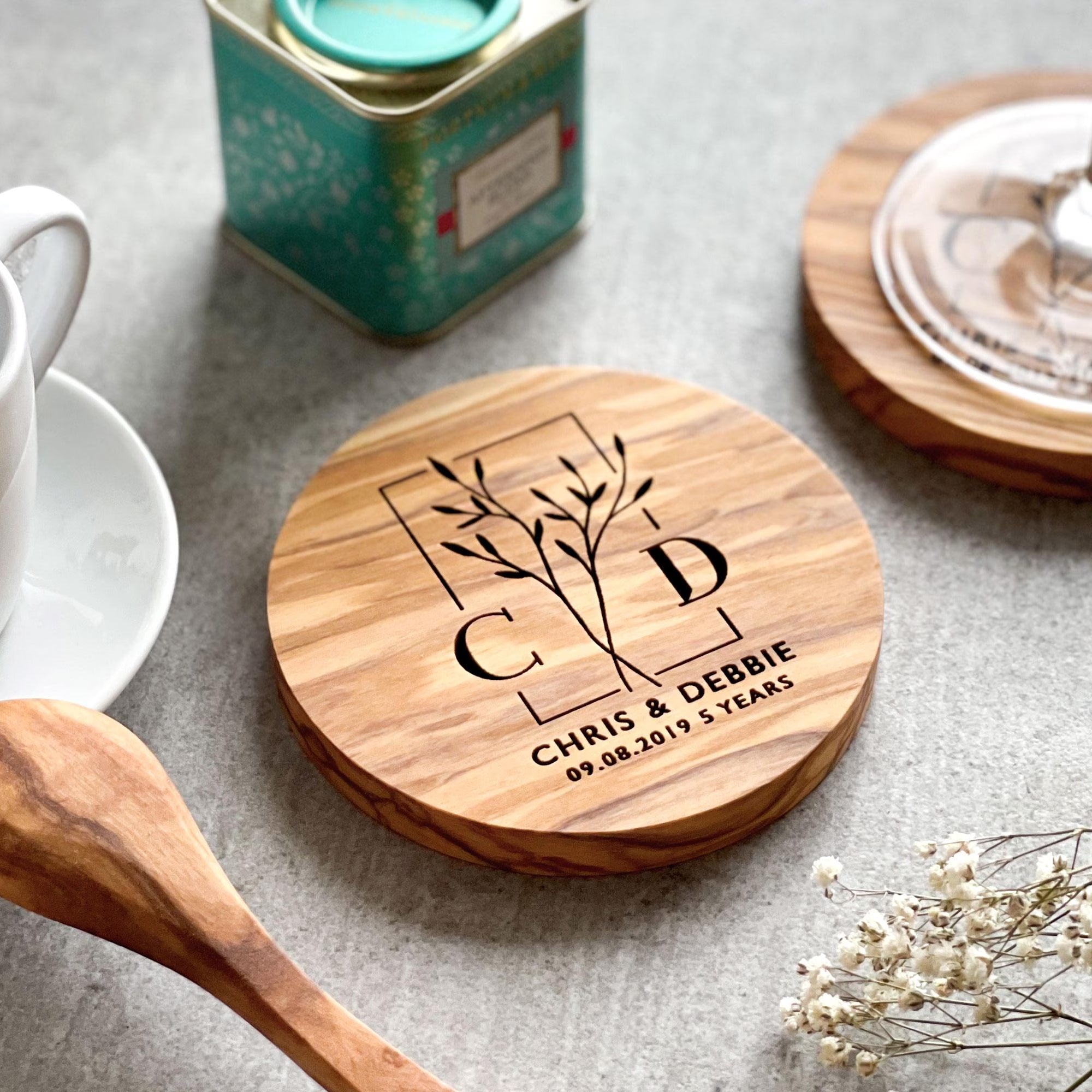 Pair of Personalised Marble & Wood Coasters and Gift Box | Personalized Wedding, Engagement, New Home or 5th Anniversary Gift