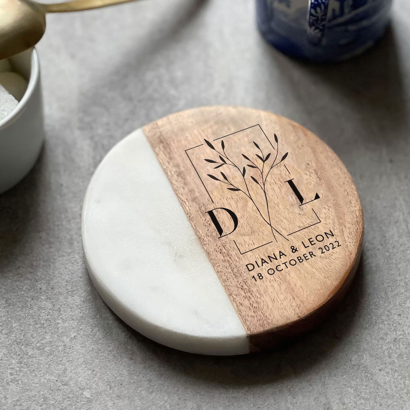 Pair of Personalised Marble & Wood Coasters and Gift Box | Personalized Wedding, Engagement, New Home or 5th Anniversary Gift