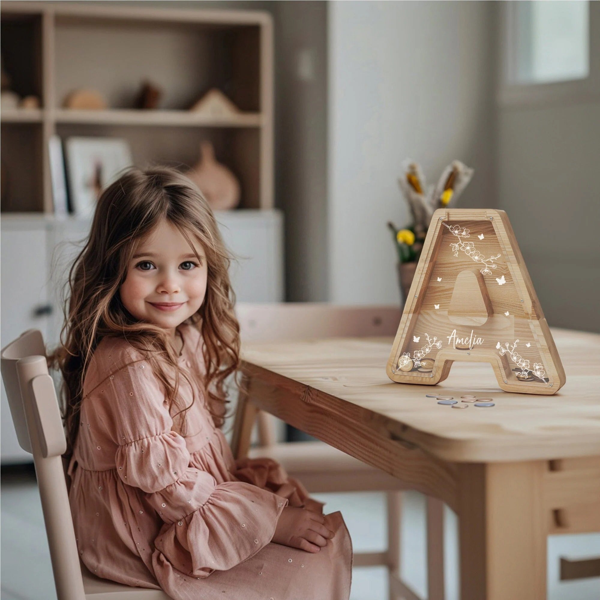 Personalized Letter Piggy Bank For Kids, Custom Money Box for Birthday Gift, Name Engraved Coin Jar, Cute Wooden Savings Holder For Toddler