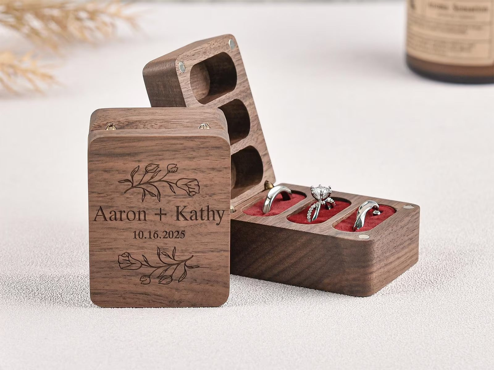 Custom Wooden Ring Box for Wedding Ceremony,Personalized Engraved Engagement Ring Box, 3 Ring Bearer Box,Anniversary,Proposal Ring Holder