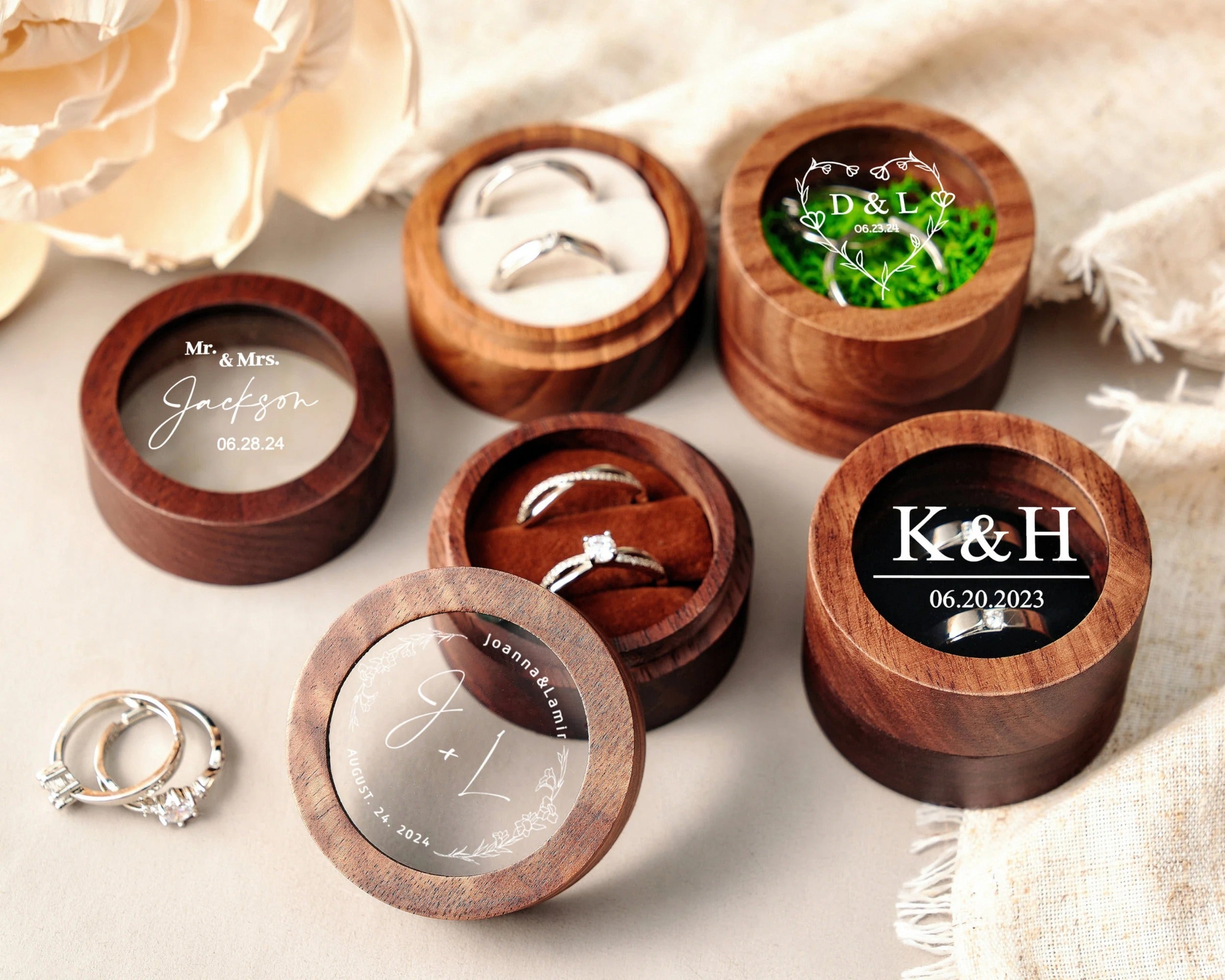 Custom Wooden Wedding Ceremony Round Ring Box, Clear Acrylic Cover, Personalized Engraved Engagement Proposal Holder, Bridal Gift For Her