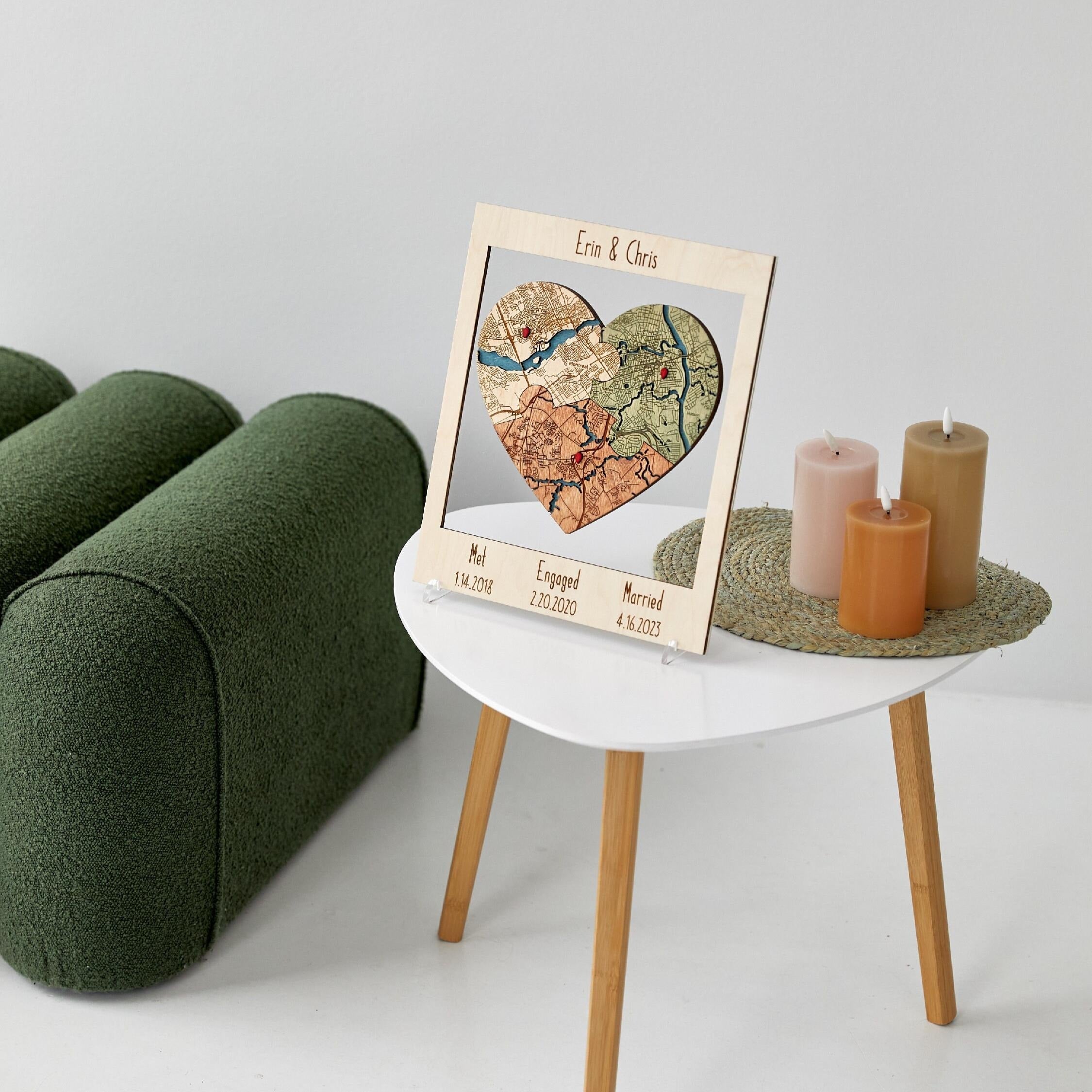 Met Engaged Married Wooden Map, Three Locations Heart Puzzle Map, Framed Wall Decor Gift, Personalized Wedding Anniversary Gift for Couple