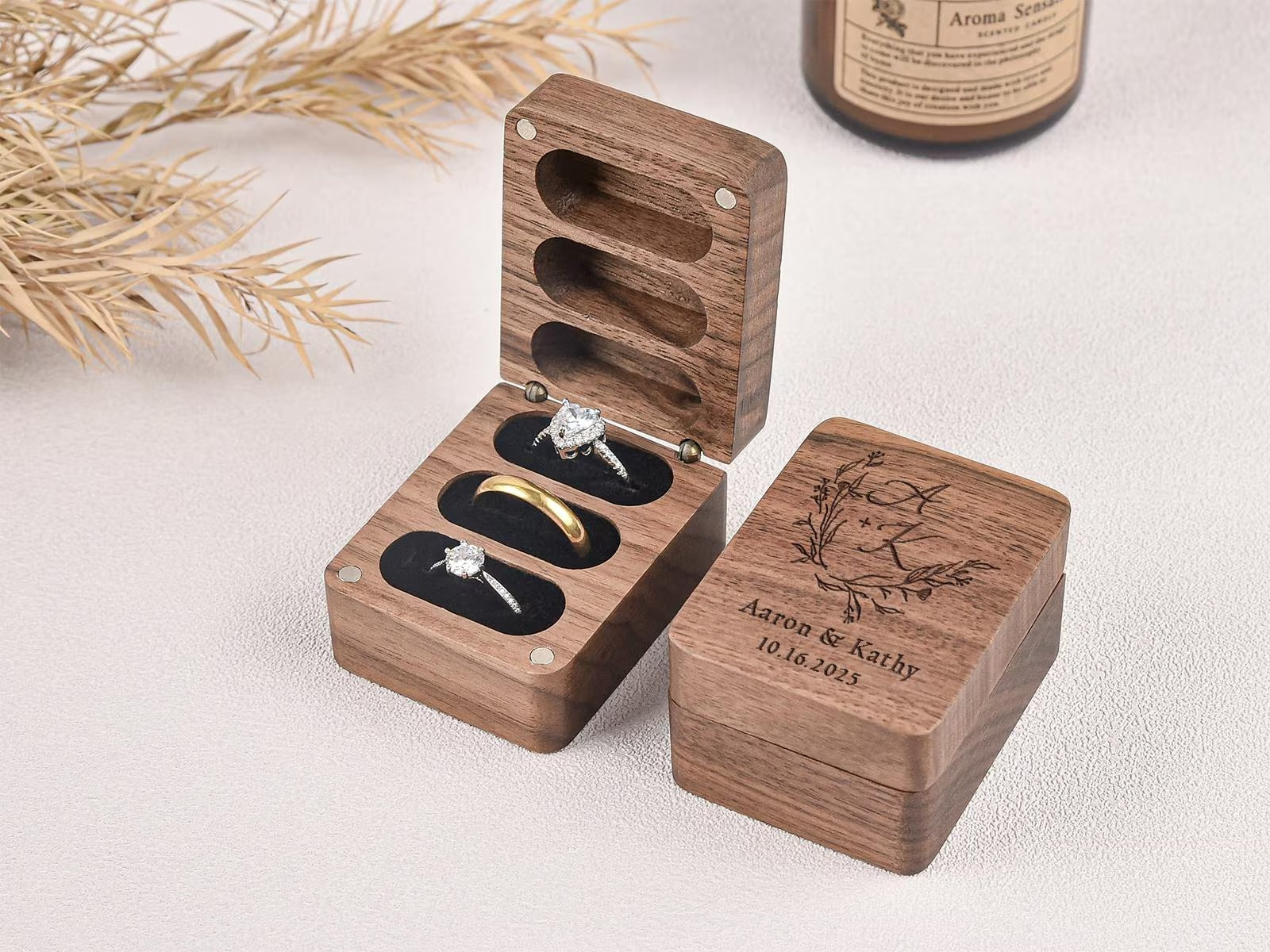 Custom Wooden Ring Box for Wedding Ceremony,Personalized Engraved Engagement Ring Box, 3 Ring Bearer Box,Anniversary,Proposal Ring Holder