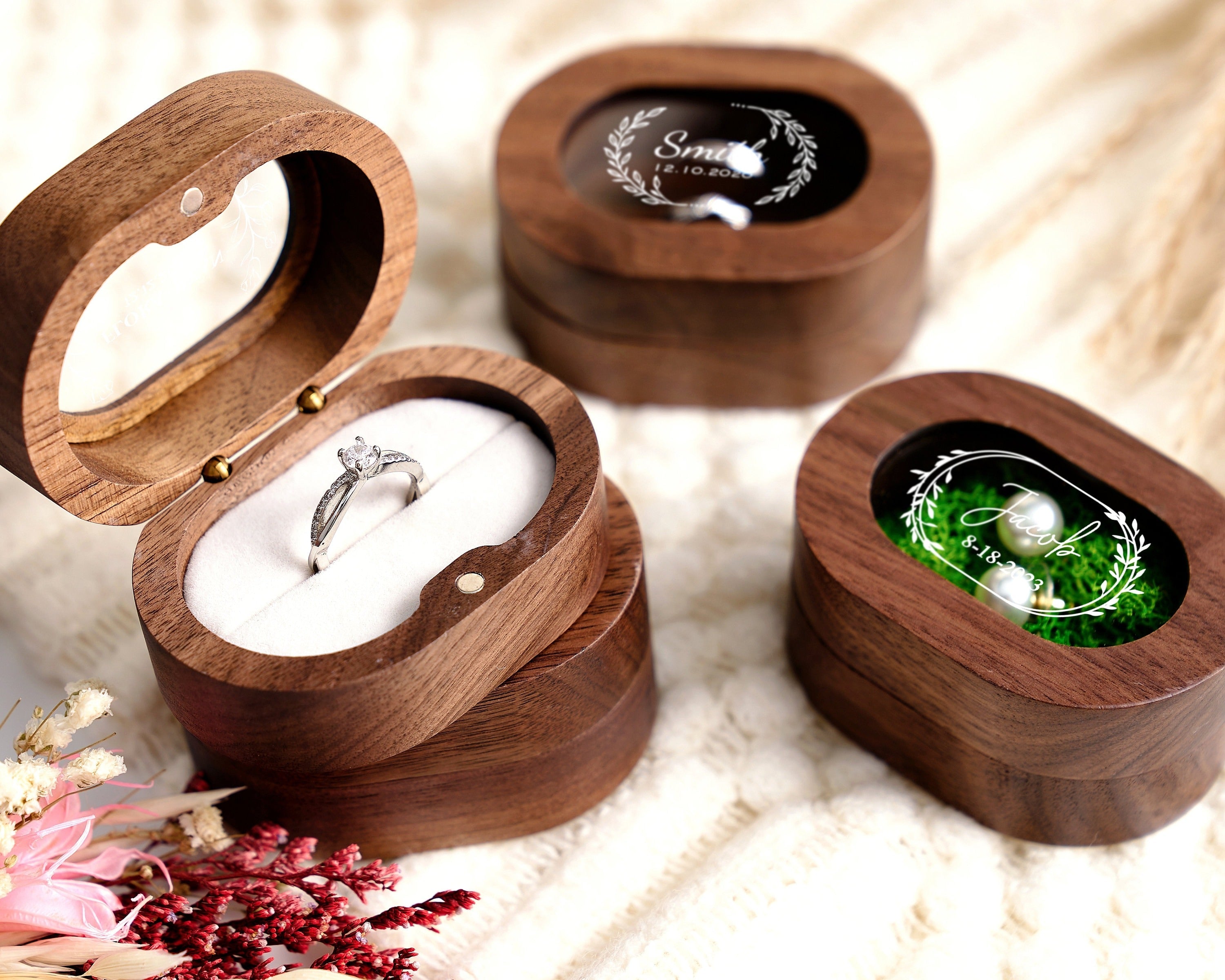 Custom Wooden Wedding Ceremony Ring Box, Clear Acrylic Cover, Personalized Engraved Engagement Proposal Holder, Bridal Gift For Her