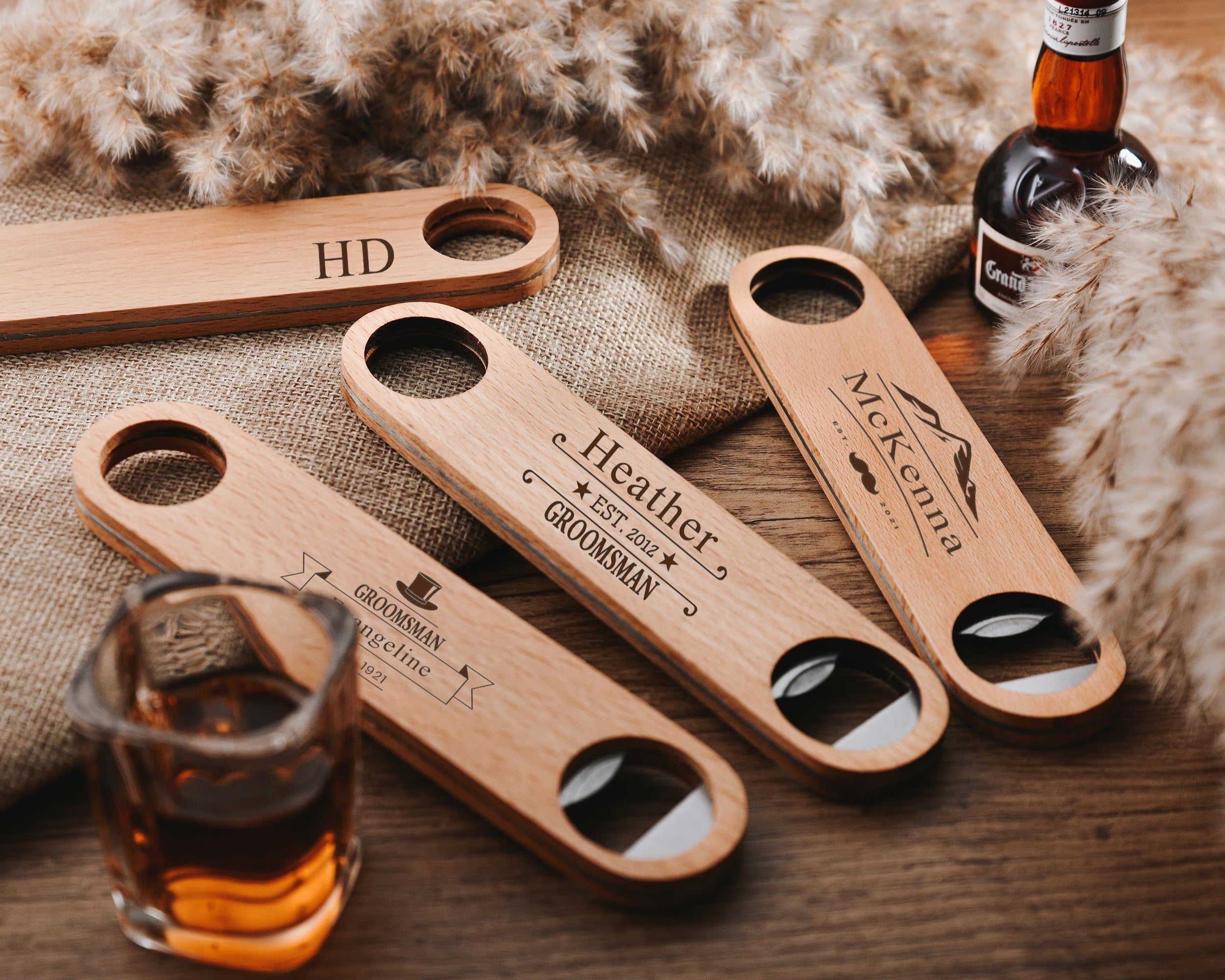 Unique Engraved Flat Bar Style Speed Bottle Opener, Groomsmen Proposal, Customizable Wooden Bottle Opener