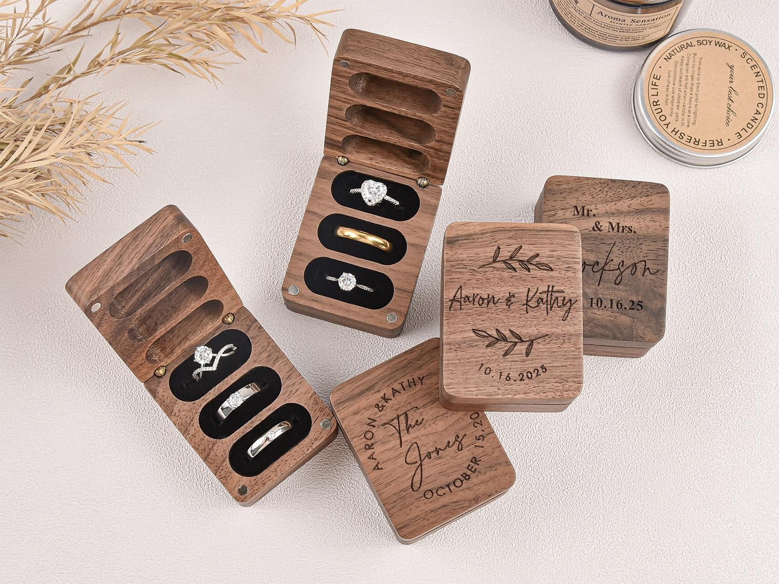 Custom Wooden Ring Box for Wedding Ceremony,Personalized Engraved Engagement Ring Box, 3 Ring Bearer Box,Anniversary,Proposal Ring Holder