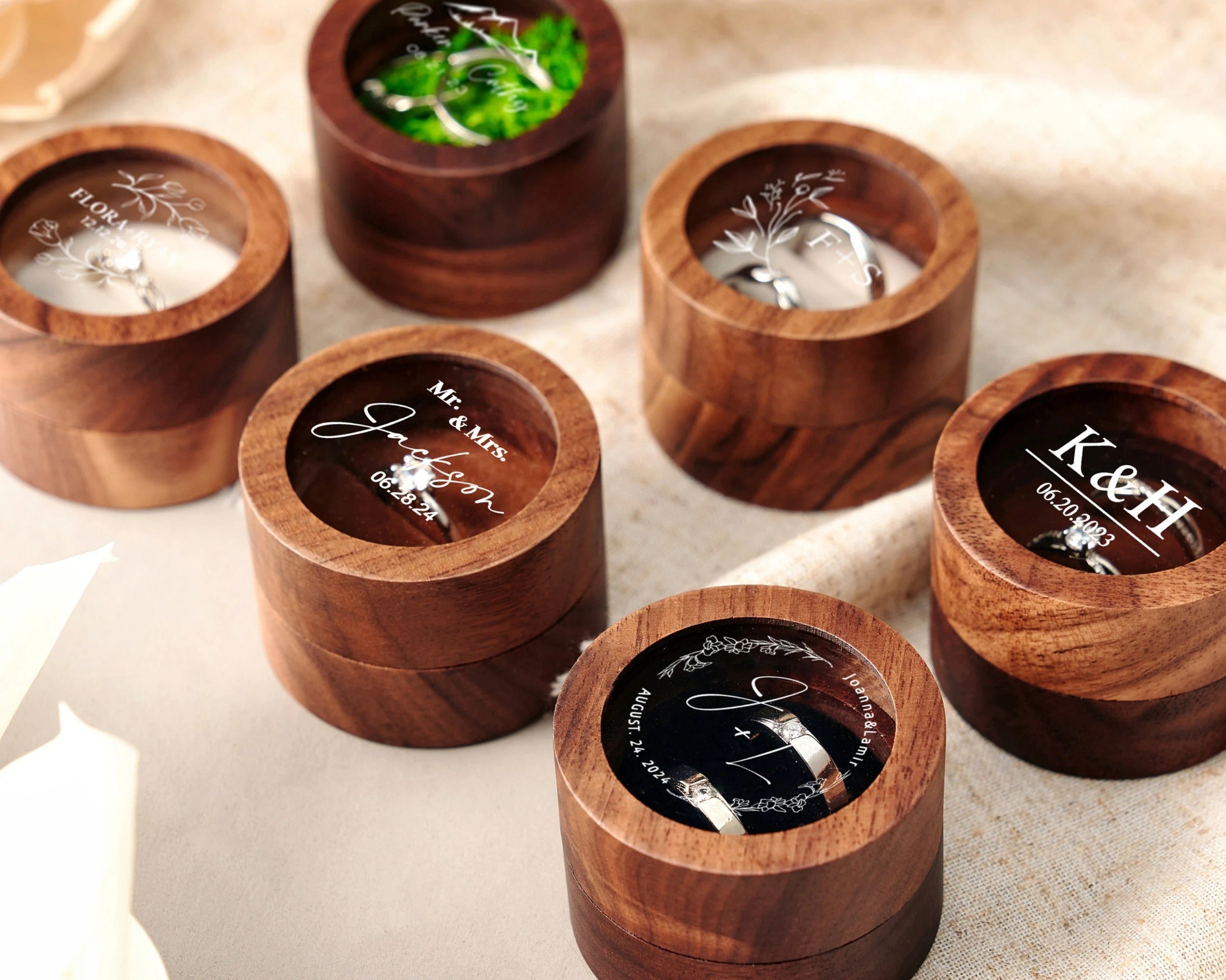 Custom Wooden Wedding Ceremony Round Ring Box, Clear Acrylic Cover, Personalized Engraved Engagement Proposal Holder, Bridal Gift For Her