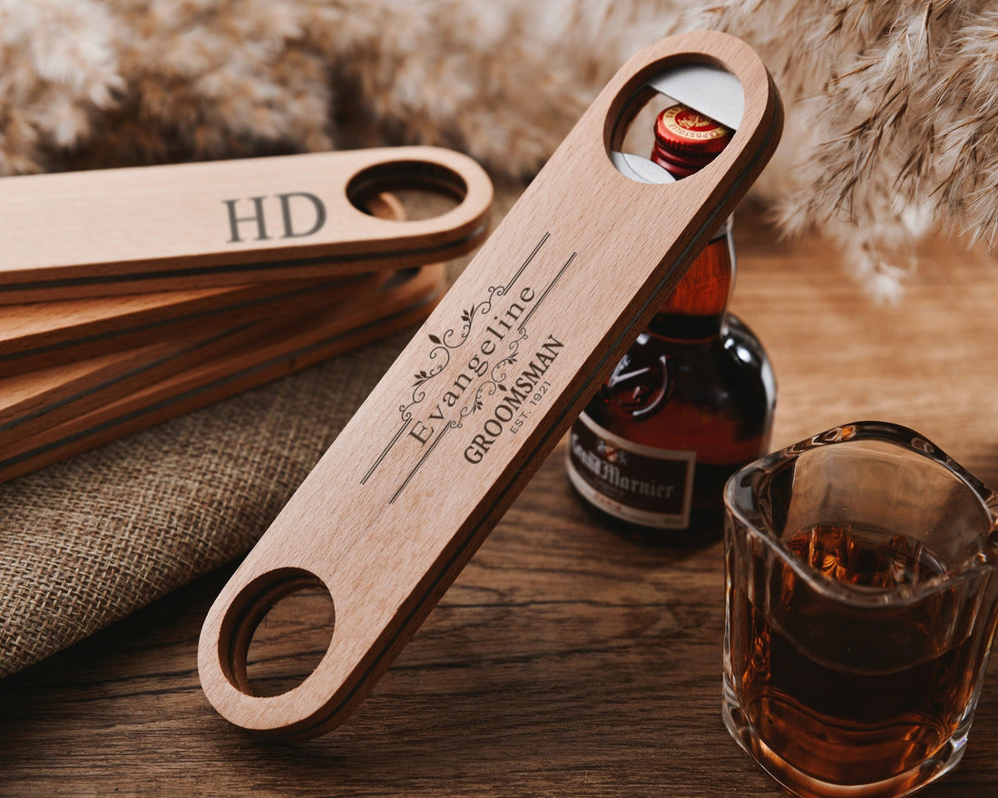 Unique Engraved Flat Bar Style Speed Bottle Opener, Groomsmen Proposal, Customizable Wooden Bottle Opener