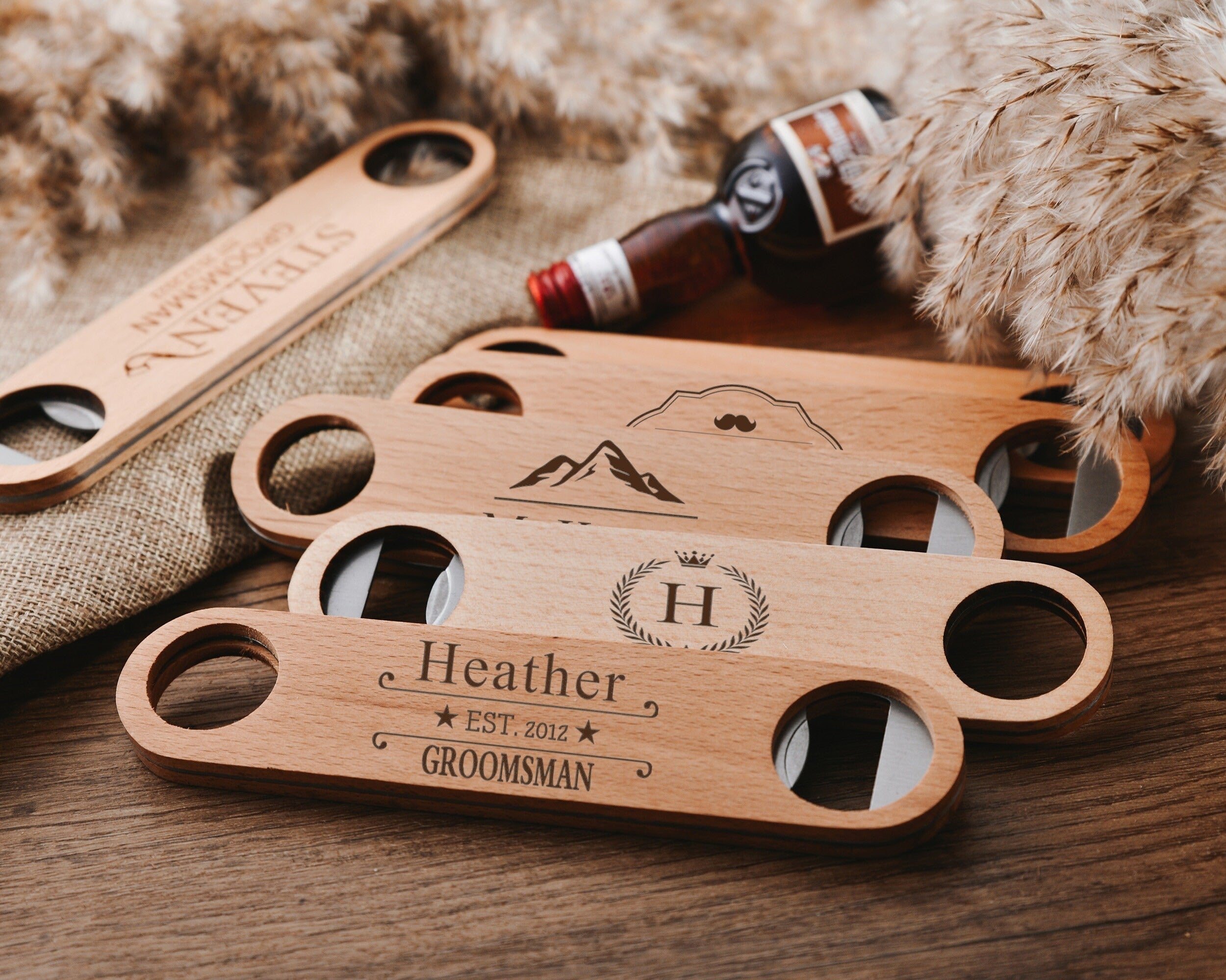 Unique Engraved Flat Bar Style Speed Bottle Opener, Groomsmen Proposal, Customizable Wooden Bottle Opener