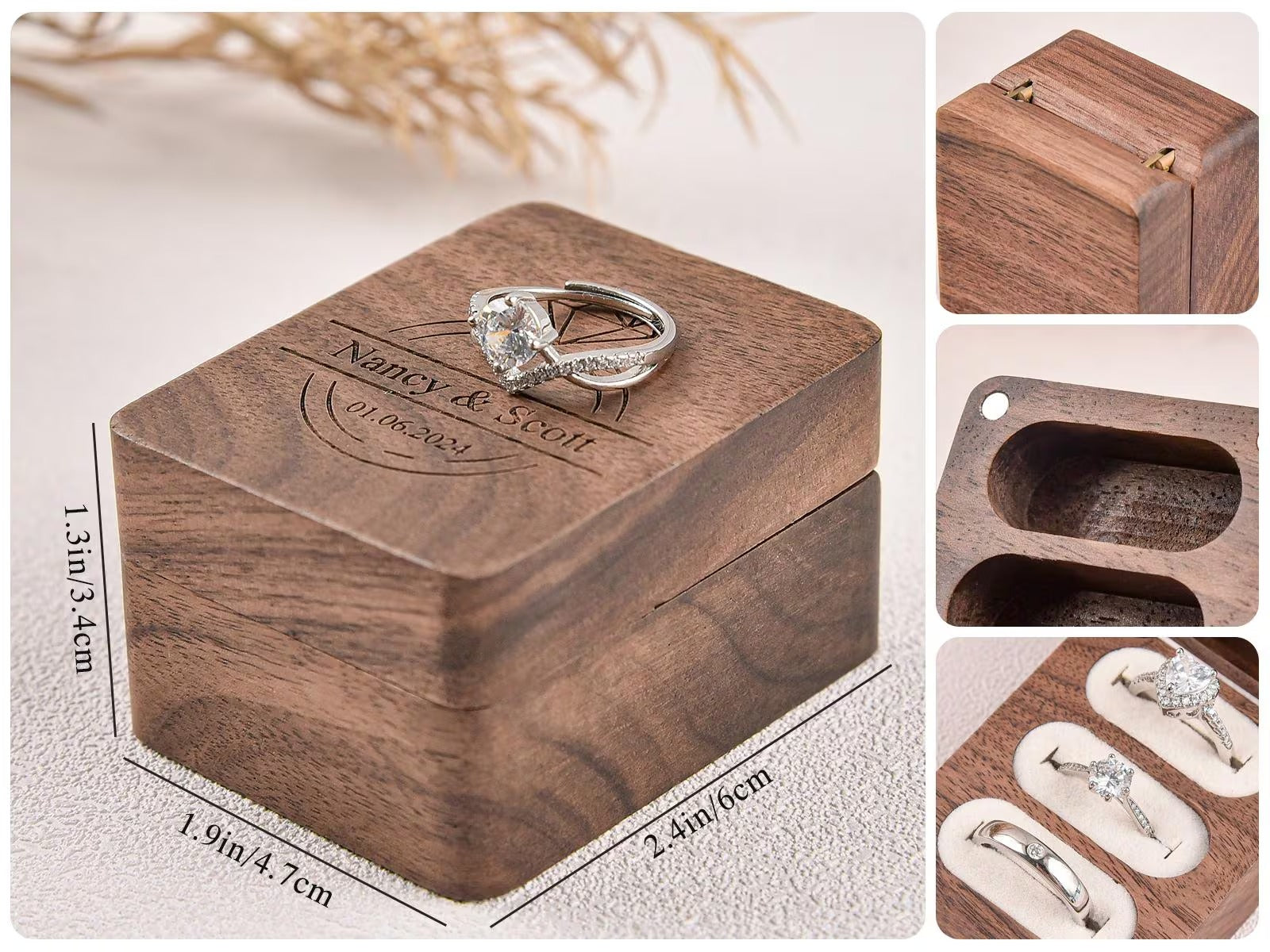 Custom Wooden Ring Box for Wedding Ceremony,Personalized Engraved Engagement Ring Box, 3 Ring Bearer Box,Anniversary,Proposal Ring Holder