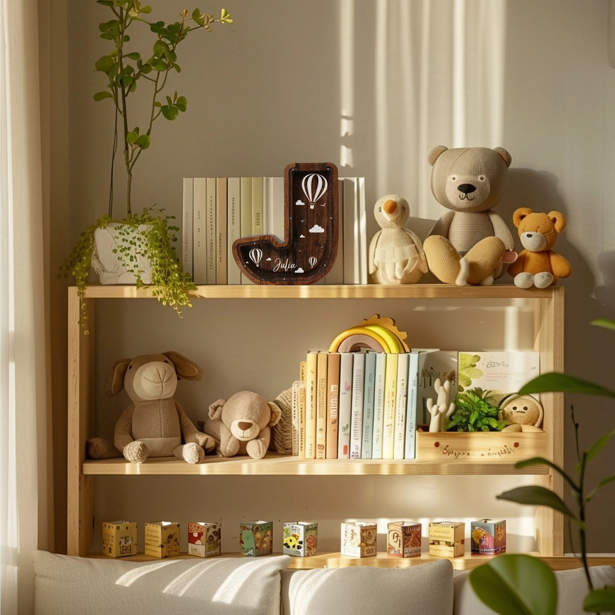 Personalized Letter Piggy Bank For Kids, Custom Money Box for Birthday Gift, Name Engraved Coin Jar, Cute Wooden Savings Holder For Toddler