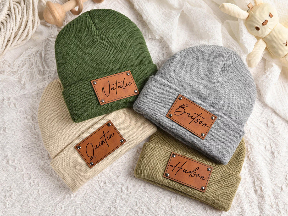 Custom Baby Beanie, Toddler Winter Hat, Kids Youth Child Infant Newborn Gift, Name Hat Engraved Leather Patch Beanie,Personalized Baby Gift