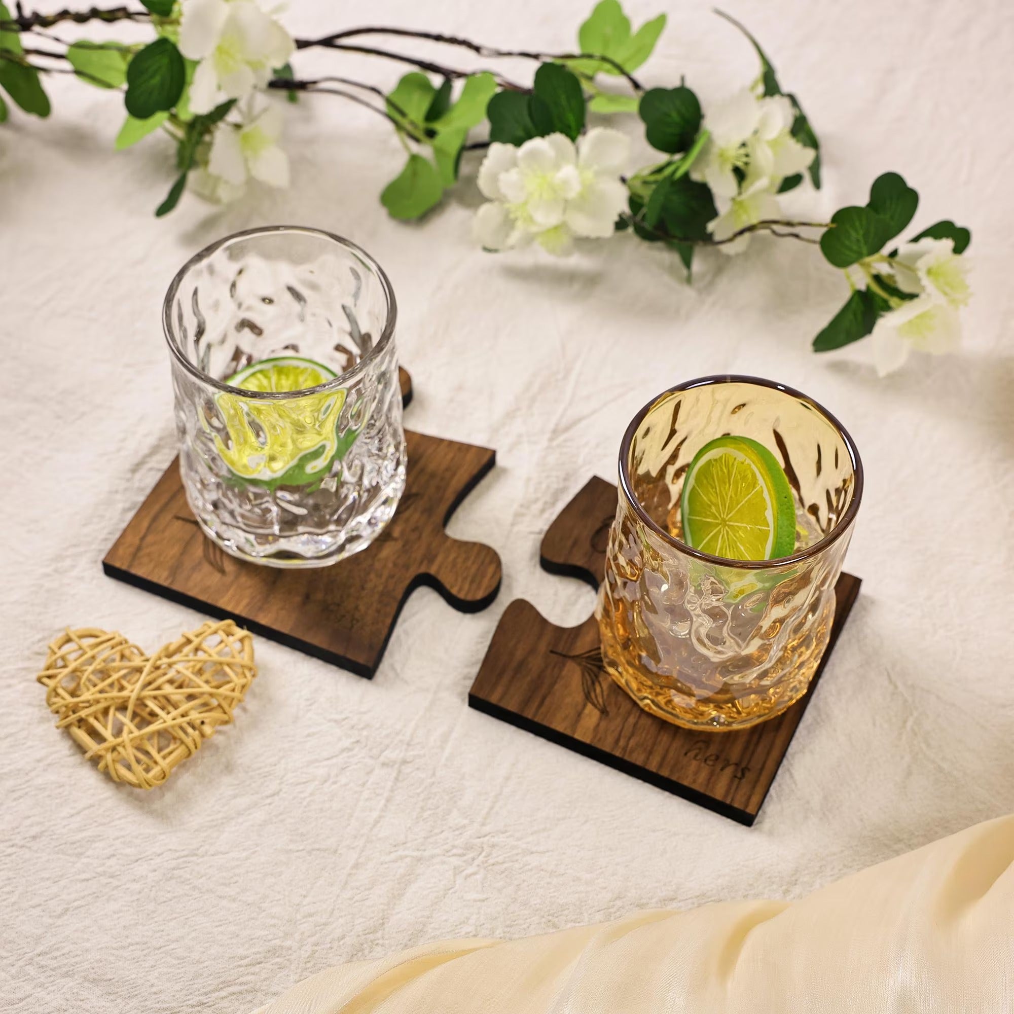 Custom Couples Coaster Set, Leaf Design, Personalised Couples Coaster, Set of 2, His Her Coasters, Anniversary Wedding Gift, Mr Mrs Gift