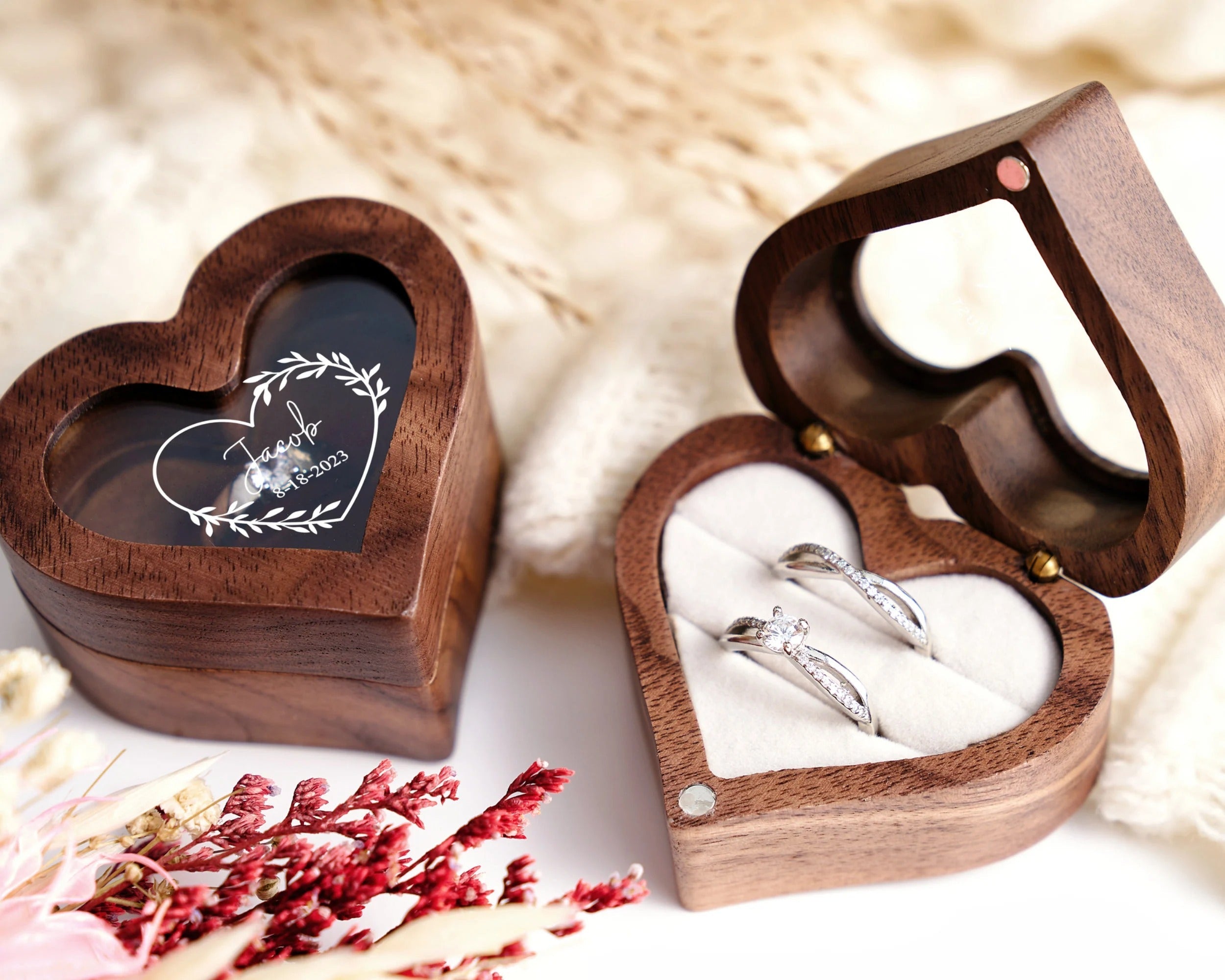 Personalized Wood Ring Box with Acrylic Lid, Engraved Engagement Ring Holder, Heart Ring Bearer Box for Anniversary, Custom Wedding Keepsake