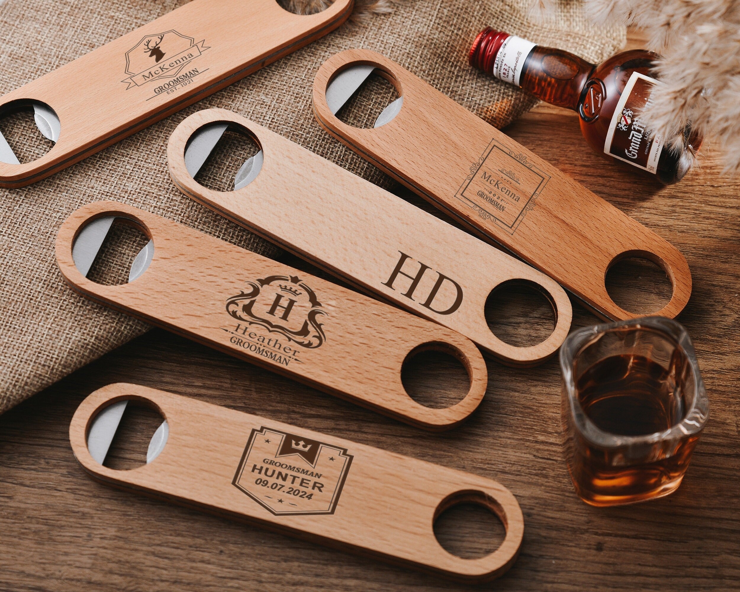 Unique Engraved Flat Bar Style Speed Bottle Opener, Groomsmen Proposal, Customizable Wooden Bottle Opener