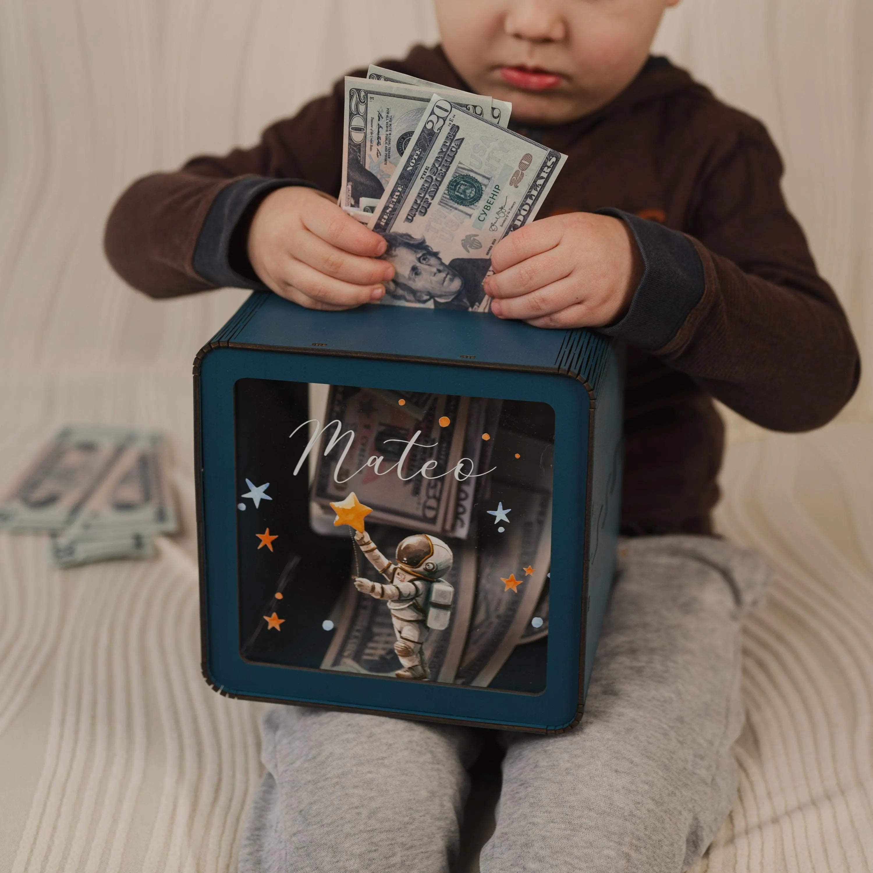 Personalized Large Wooden Piggy Bank for Kids, Custom Name Gift for Toddler, Acrylic Glass Coin Bank, Unique Birthday Gift for Kid