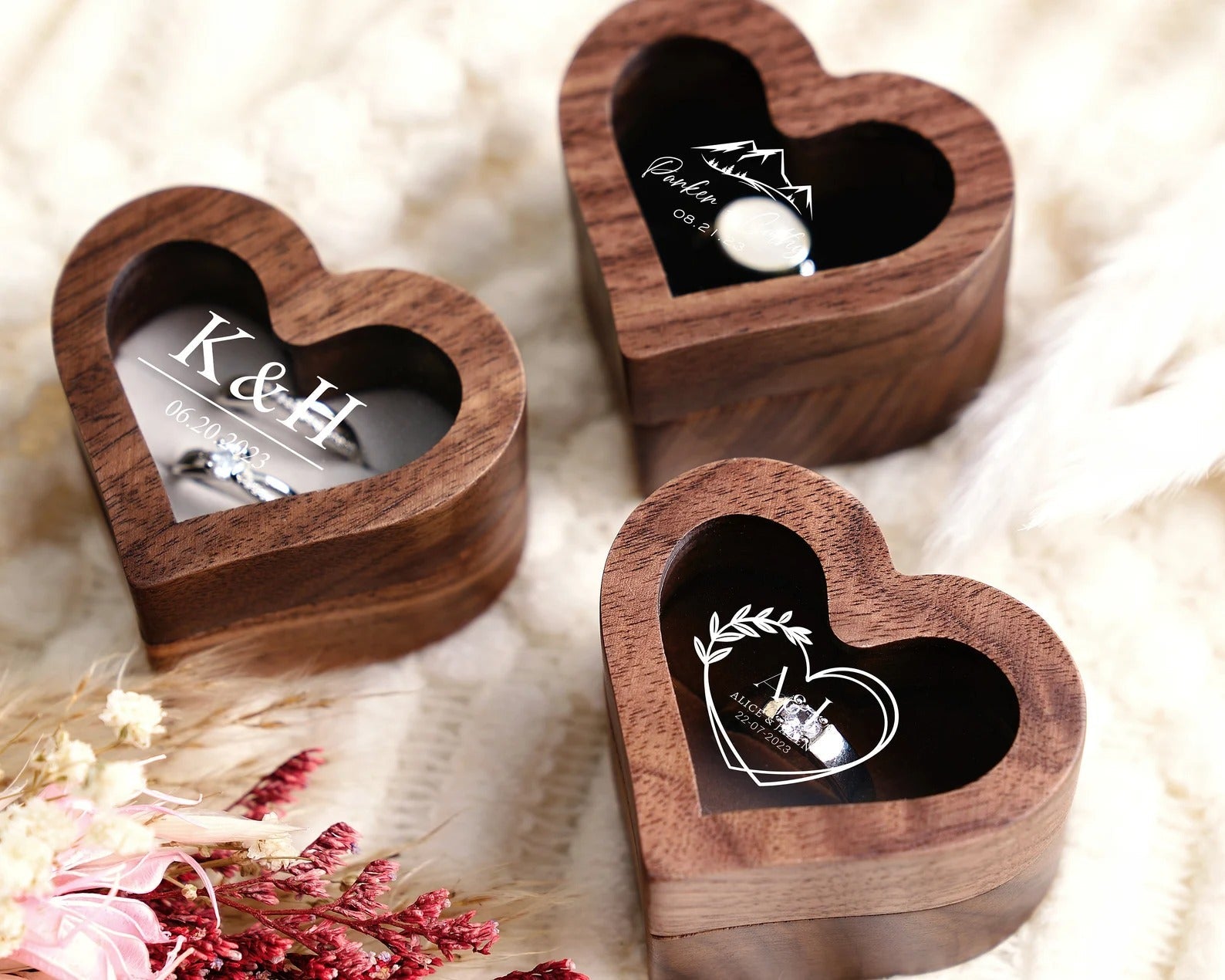 Personalized Wood Ring Box with Acrylic Lid, Engraved Engagement Ring Holder, Heart Ring Bearer Box for Anniversary, Custom Wedding Keepsake