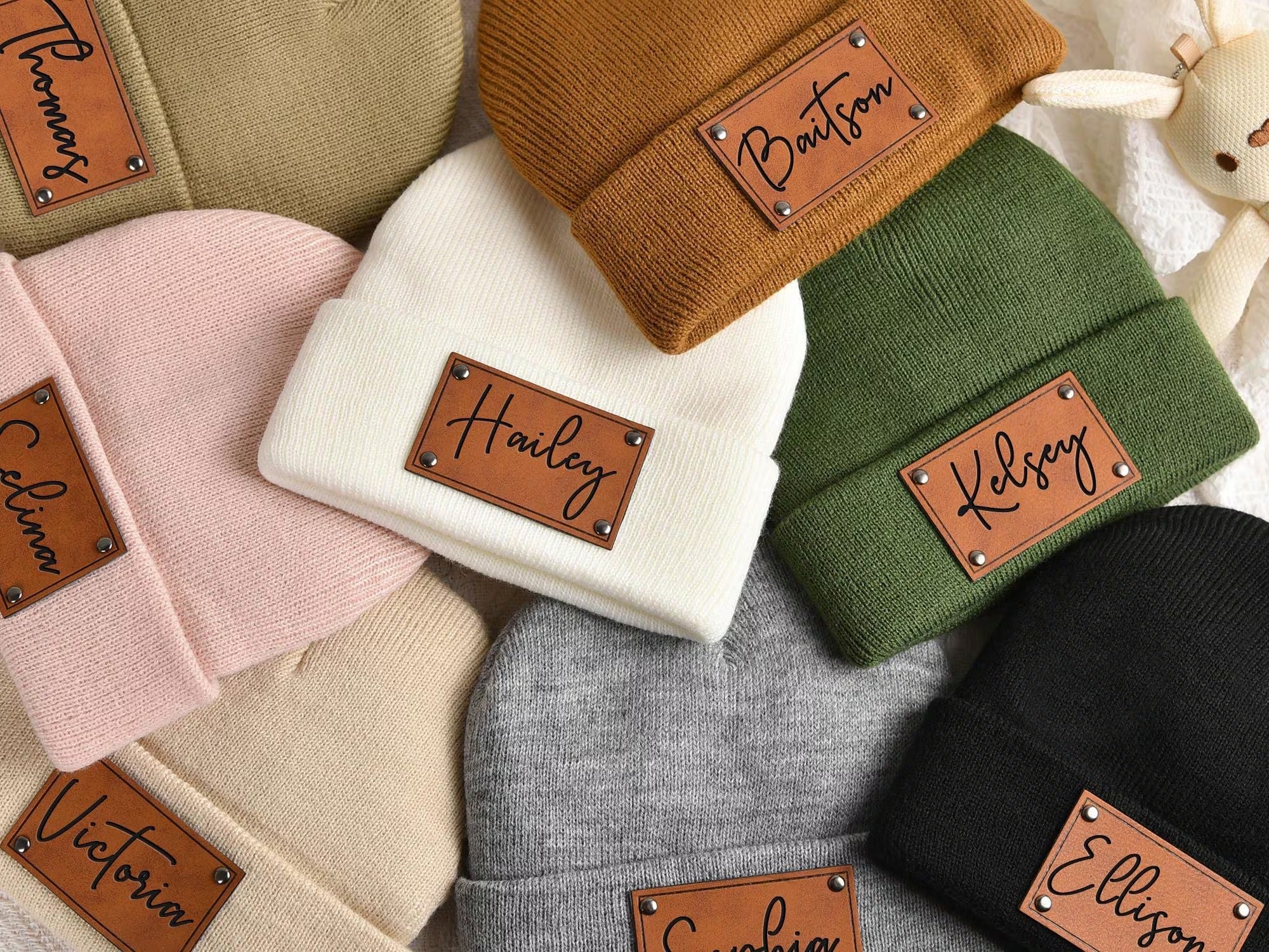 Custom Baby Beanie, Toddler Winter Hat, Kids Youth Child Infant Newborn Gift, Name Hat Engraved Leather Patch Beanie,Personalized Baby Gift