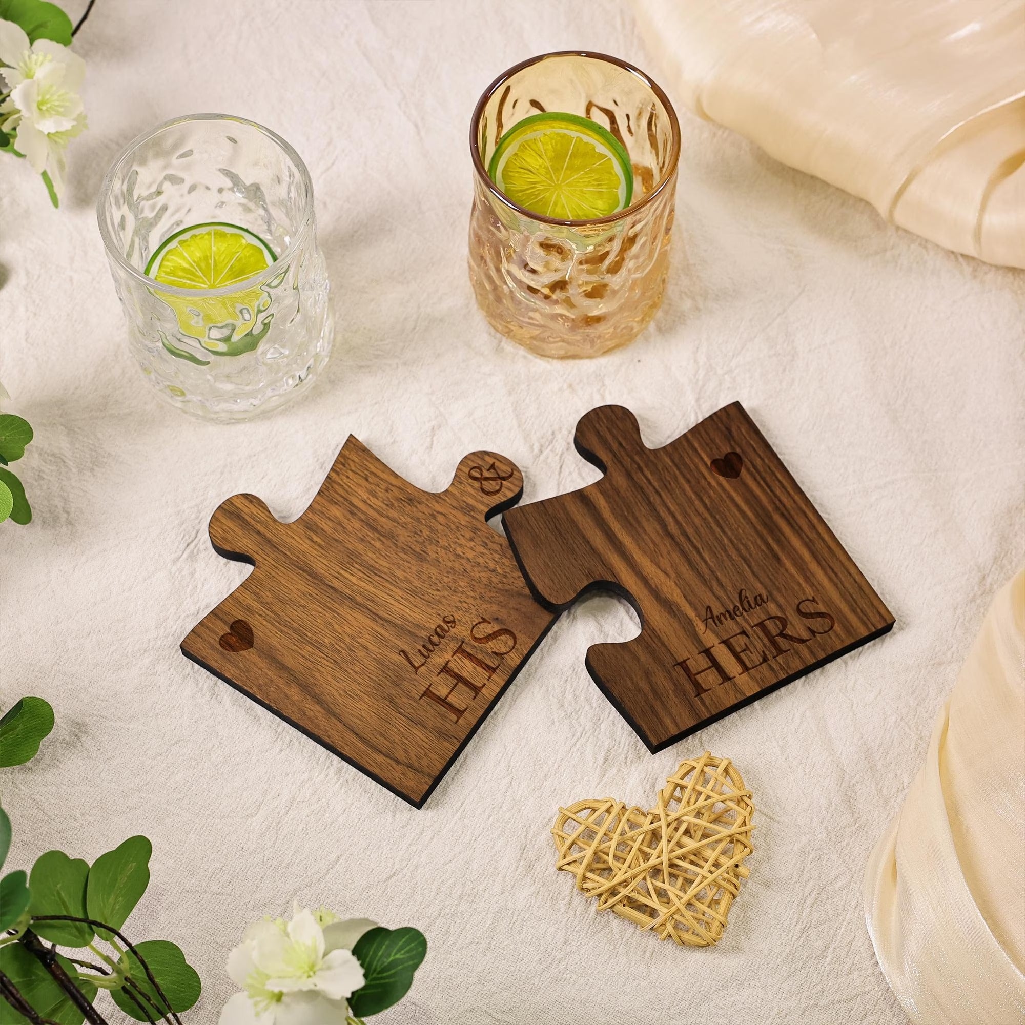 Custom Couples Coaster Set, Leaf Design, Personalised Couples Coaster, Set of 2, His Her Coasters, Anniversary Wedding Gift, Mr Mrs Gift