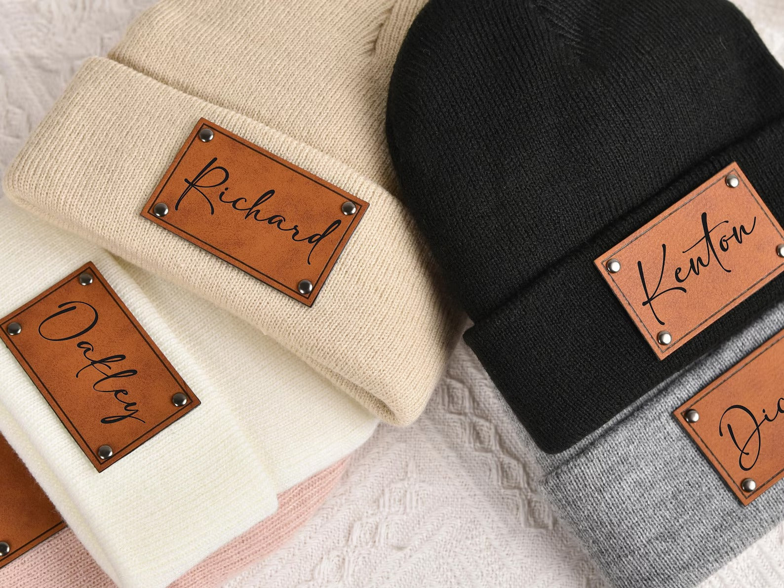 Custom Baby Beanie, Toddler Winter Hat, Kids Youth Child Infant Newborn Gift, Name Hat Engraved Leather Patch Beanie,Personalized Baby Gift