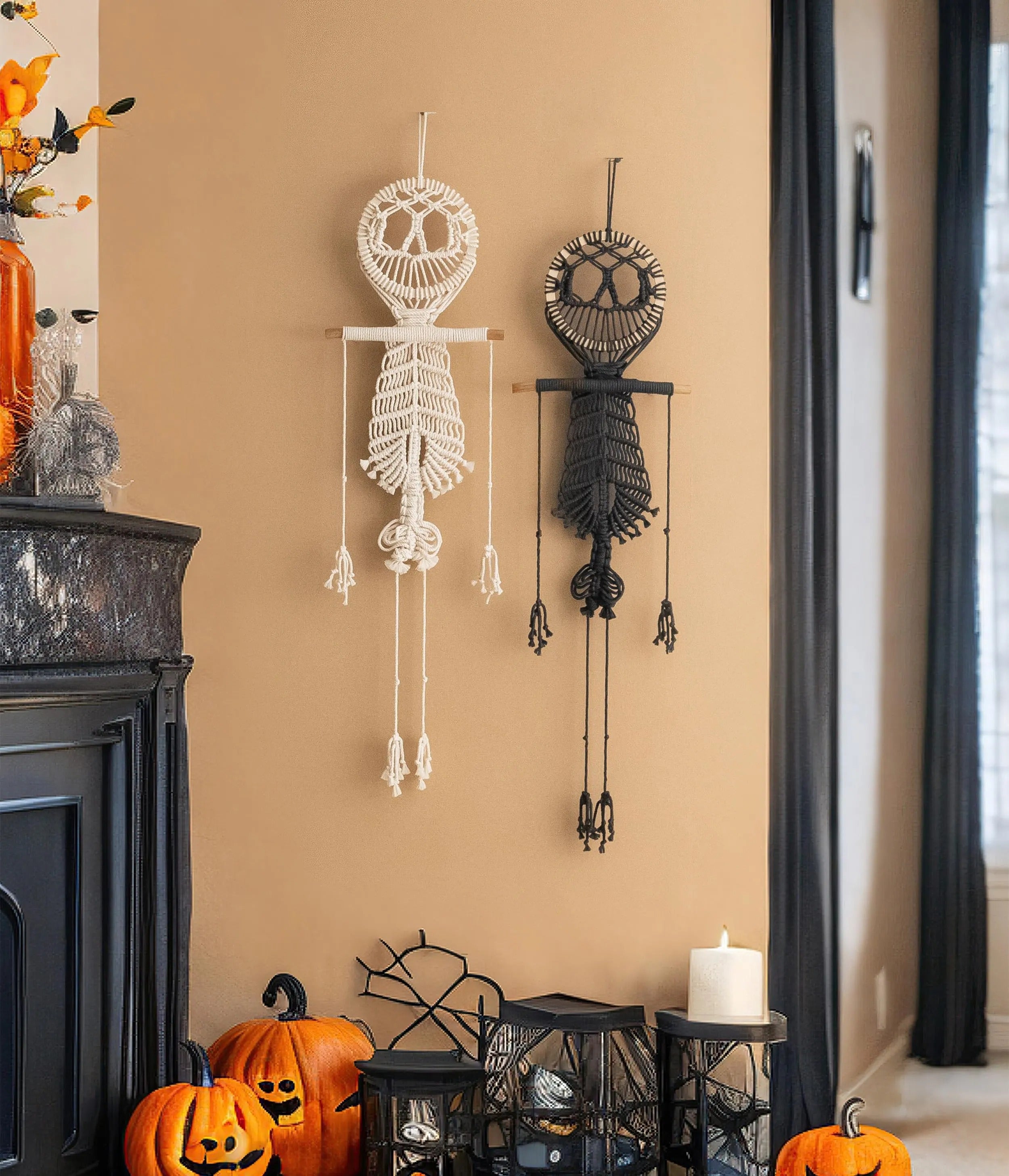 Macrame Skeleton, Halloween Hanging Decoration, Spooky Wall Art, Gothic Decor Bedroom, Halloween Gift, Goth Tapestry, White Skeleton W94