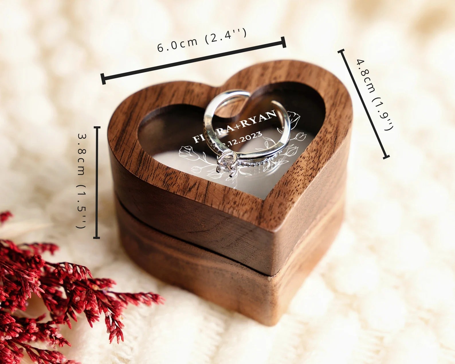 Personalized Wood Ring Box with Acrylic Lid, Engraved Engagement Ring Holder, Heart Ring Bearer Box for Anniversary, Custom Wedding Keepsake